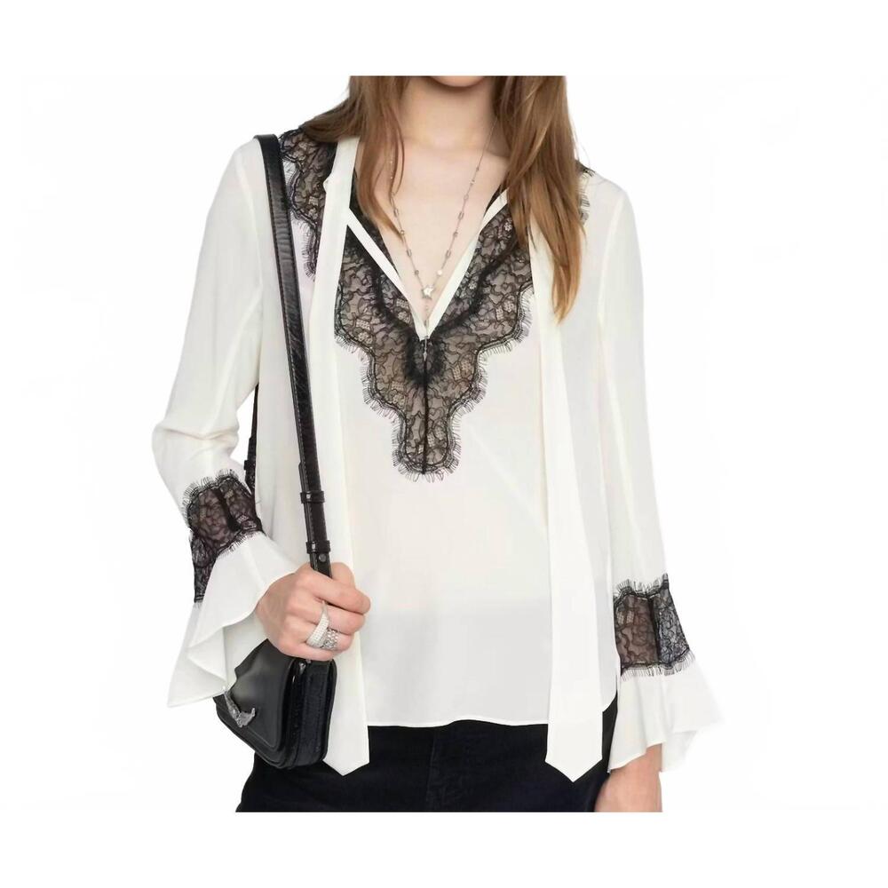 NEW NULL women's tuan lace trim silk blouse in white black